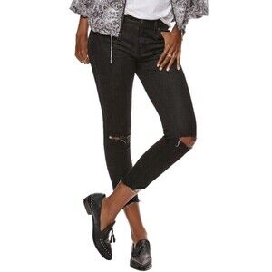 Free People Destroyed Skinny Jeans Black Cropped Frayed Hem Size 26 W32 L25.5
